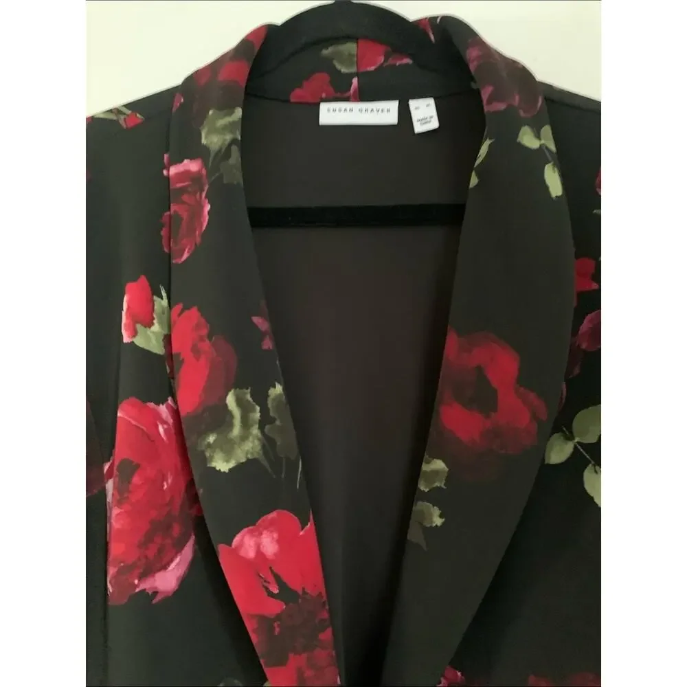 Susan Graver Floral Single-Button Blazer - Black with Red Rose Print - Picture 4 of 7